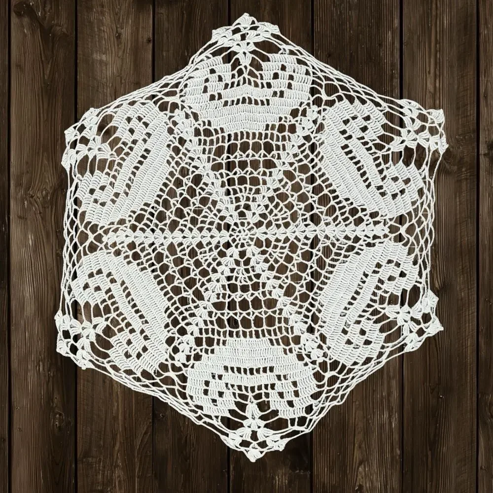 Hand Crocheted White Doily 13x15 Hexagon Centerpiece Table Mat Cottage Decor Vtg